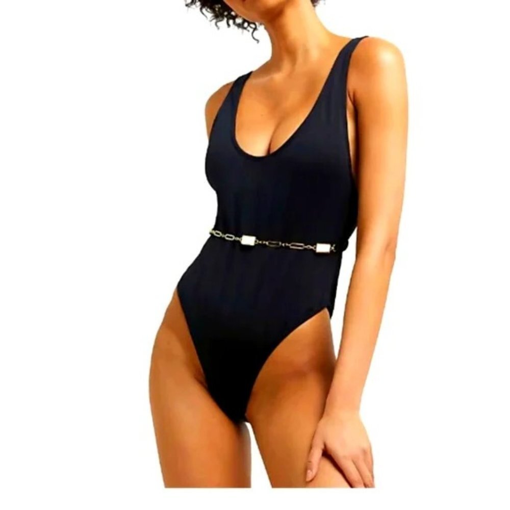 New RIVER ISLAND Black w Gold Chain Belt Scoop Neck One-Piece Swimsuit 14